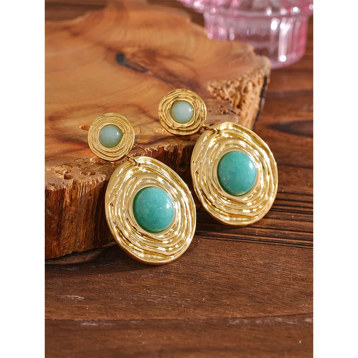 Yhpup Blue Natural Amazonite Stone Stainless Steel Round Dangle Earrings Gold Color Fashion Jewelry Women Rust Proof Gala Gift