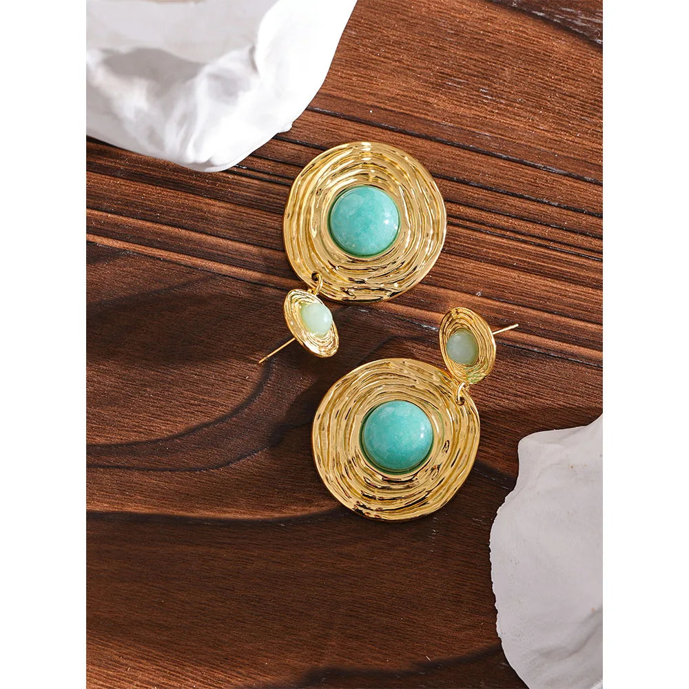 Yhpup Blue Natural Amazonite Stone Stainless Steel Round Dangle Earrings Gold Color Fashion Jewelry Women Rust Proof Gala Gift