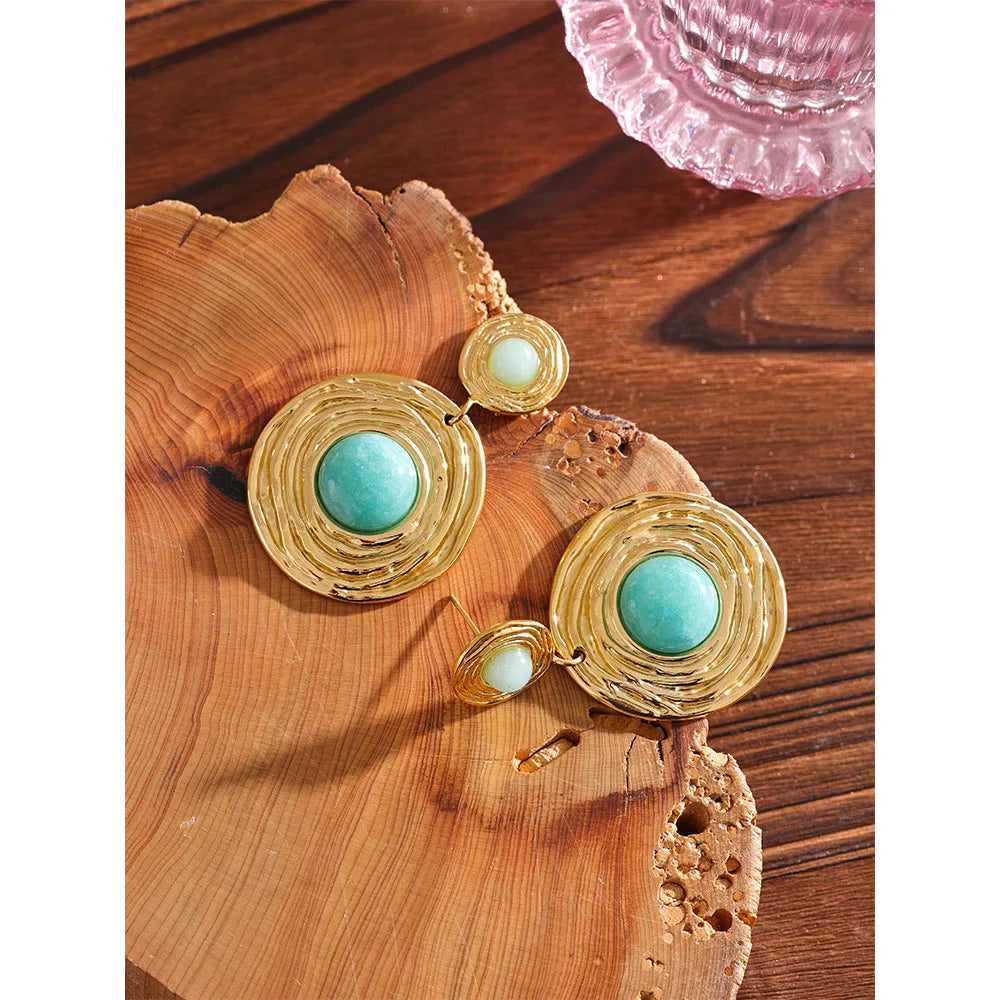 Yhpup Blue Natural Amazonite Stone Stainless Steel Round Dangle Earrings Gold Color Fashion Jewelry Women Rust Proof Gala Gift