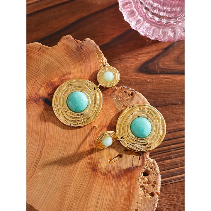 Yhpup Blue Natural Amazonite Stone Stainless Steel Round Dangle Earrings Gold Color Fashion Jewelry Women Rust Proof Gala Gift