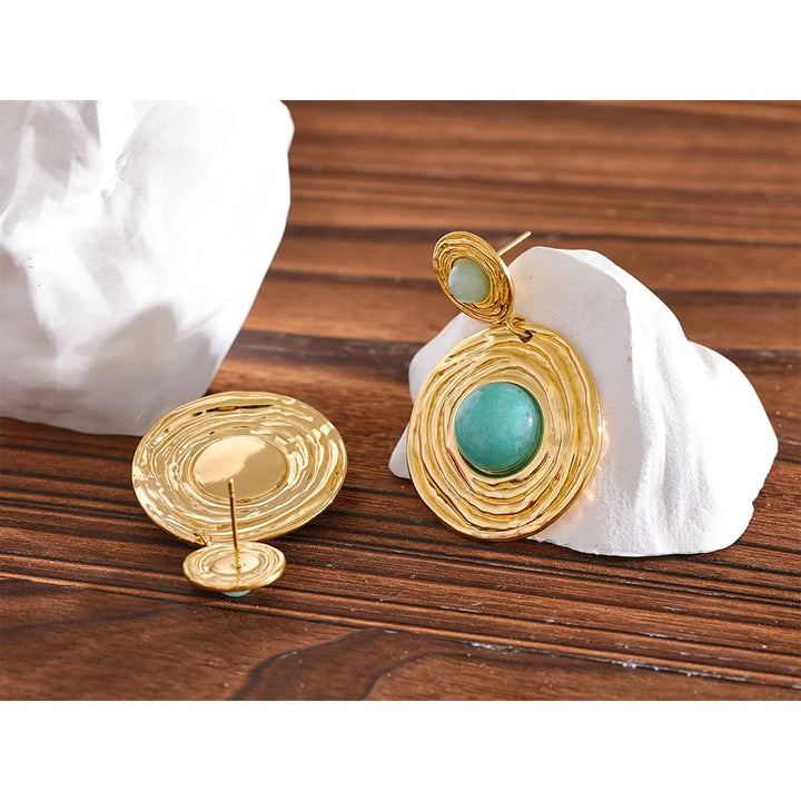 Yhpup Blue Natural Amazonite Stone Stainless Steel Round Dangle Earrings Gold Color Fashion Jewelry Women Rust Proof Gala Gift